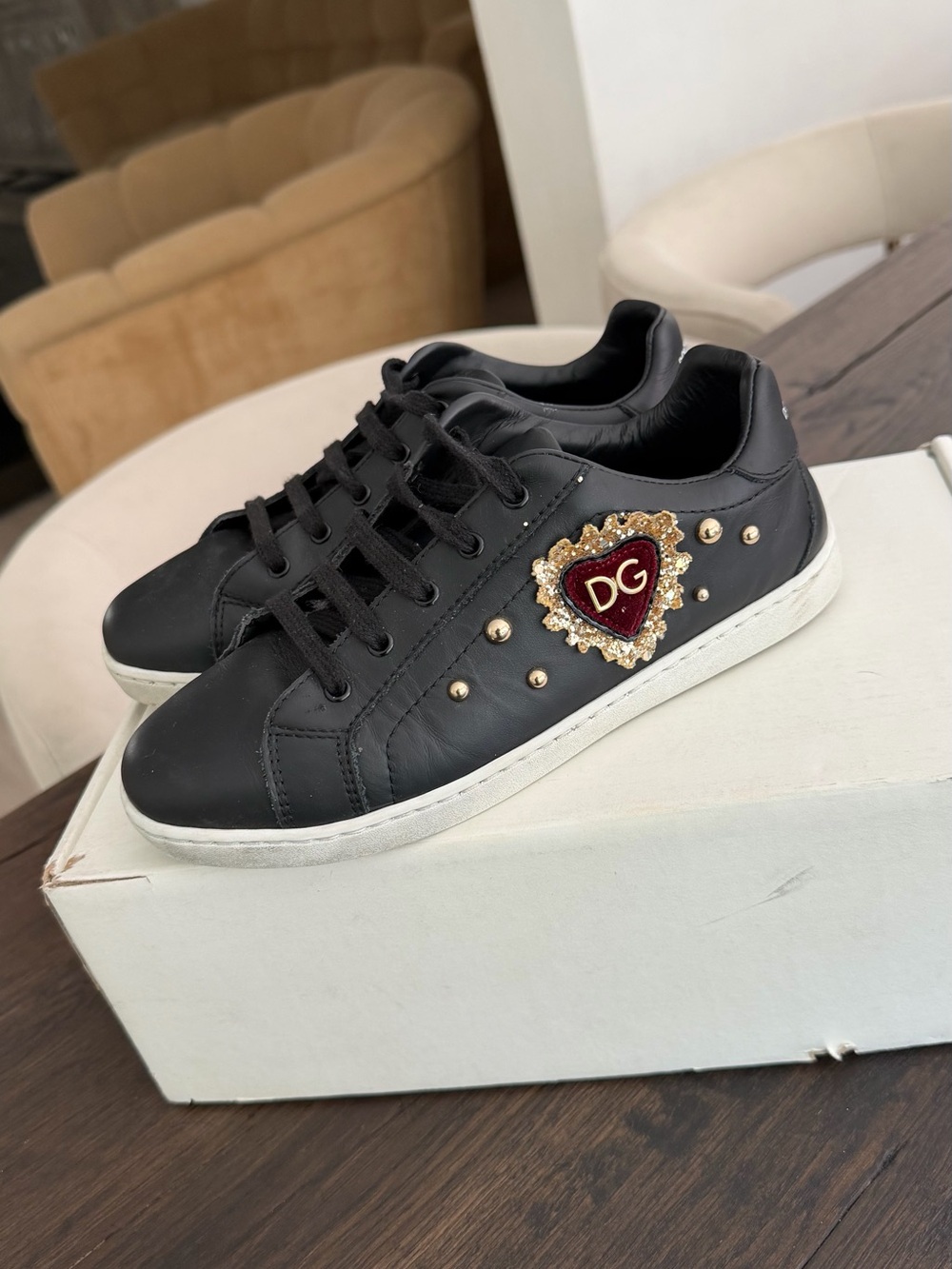 Dolce & Gabbana Black Leather Kids Sneakers with Gold Studs and Red Heart Patch